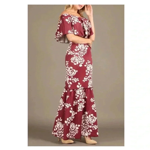 🆕NWOT Burgundy Floral Ruffle-Accent Off-Shoulder Dress M🆕 - Picture 4 of 8